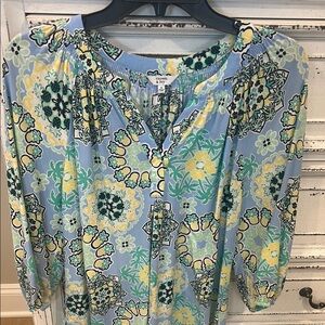 Crown & Ivy Blue and Yellow Blouse with 3/4 Sleeves and Mandarin Collar